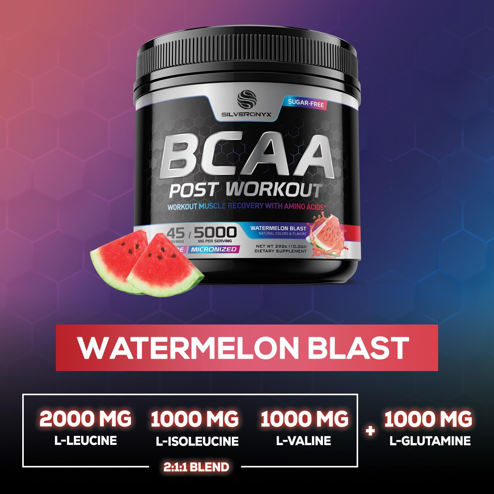 Amino Muscle Recovery Powder with BCAAs - After Workout Recovery Drink for Women & Men - BCAA Branched Chain Amino Acids - Pre Workout Sport Energy Mix - Keto, Caffeine Free, Watermelon - 45 Servings