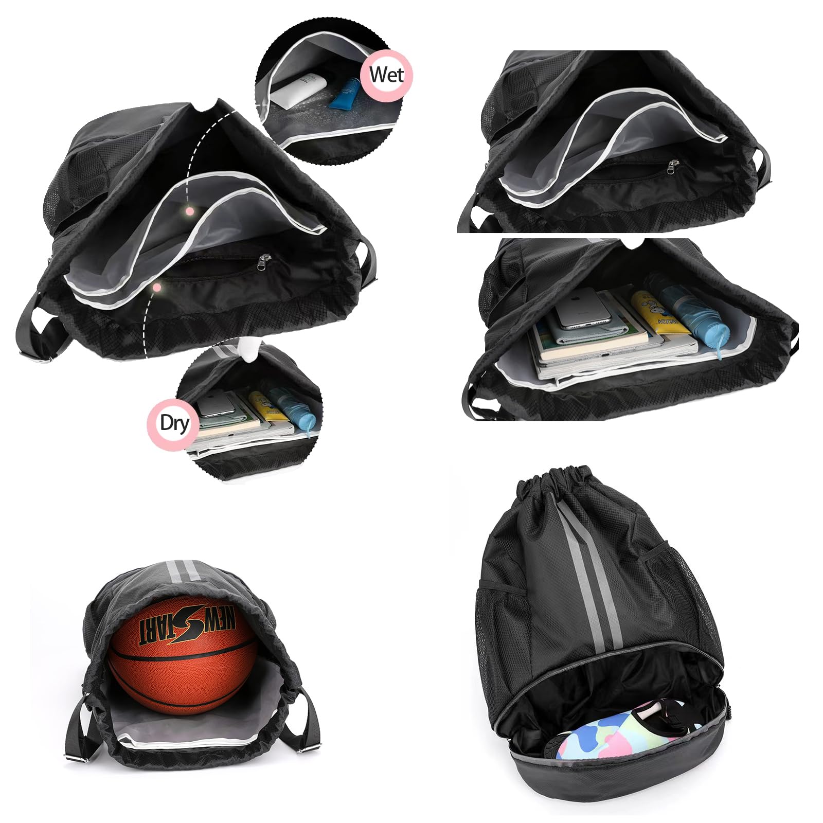 LOKAPEGY Black Drawstring Gym Bag for Men, Waterproof Drawstring Backpack for Women, Swim Bag with Shoes Compartment, Pull String Sport Bag for Soccer and Basketball.