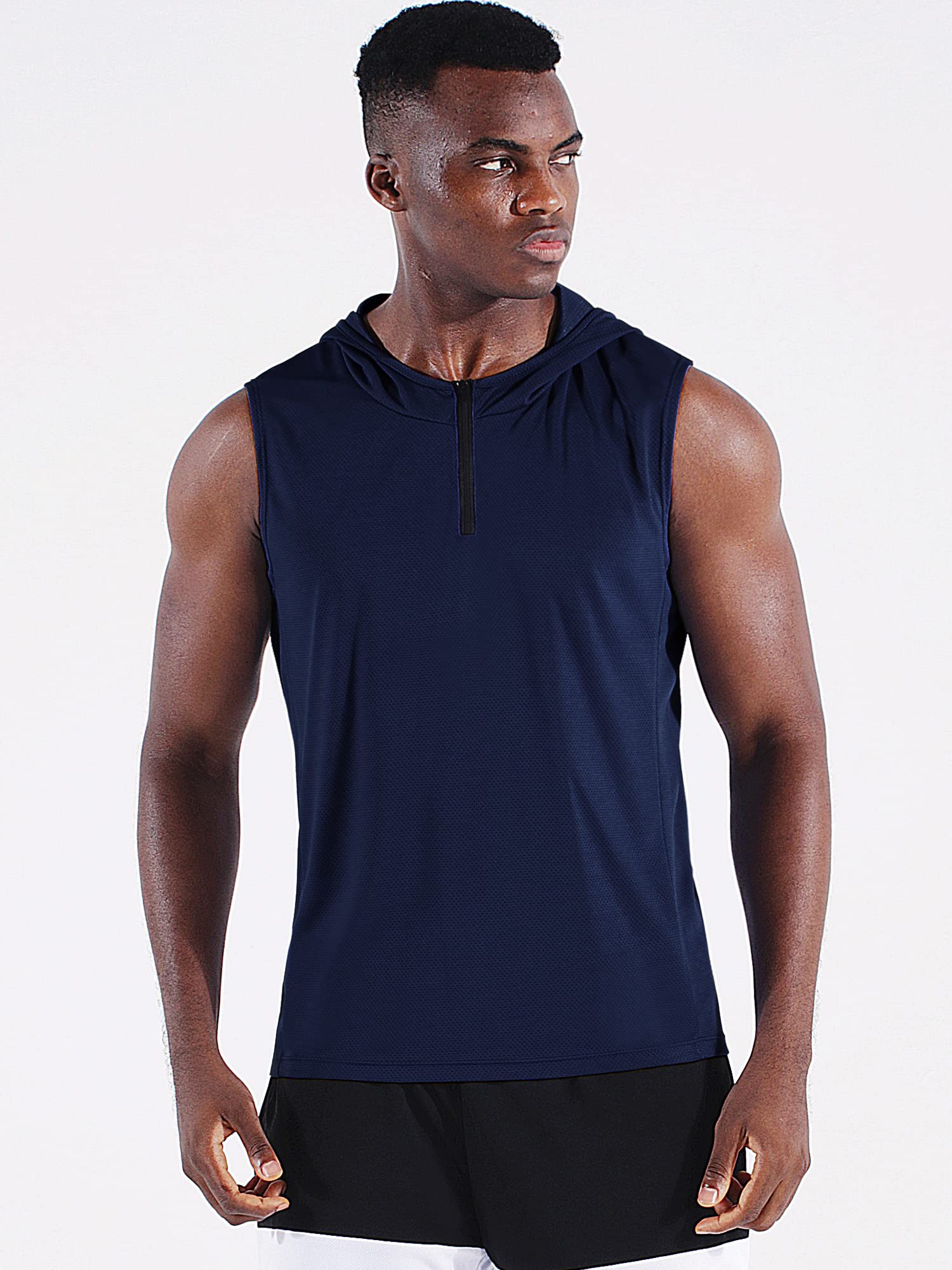 NELEUS Men's Running Tank Tops Sleeveless Athletic Workout Shirts with Hoods and Zipper,3 Pack,5099,Black/Grey/Navy Blue,L