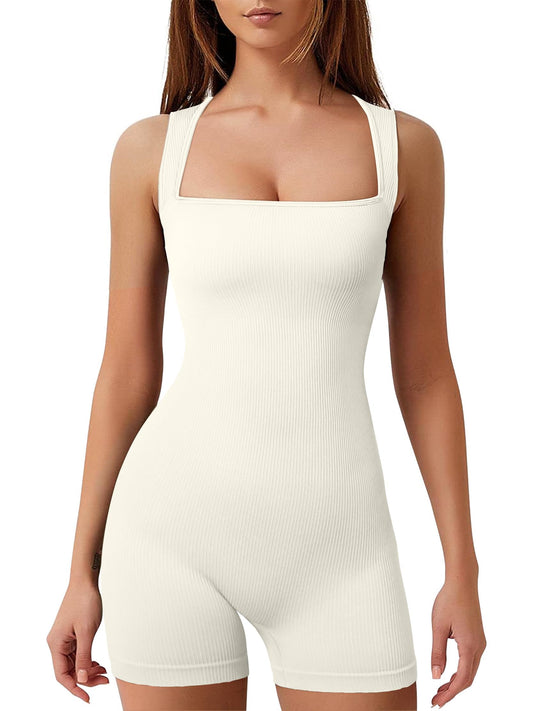 YIOIOIO Women's Workout Seamless Romper Yoga Ribbed Bodycon One Piece Square Neck Shorts Jumpsuit