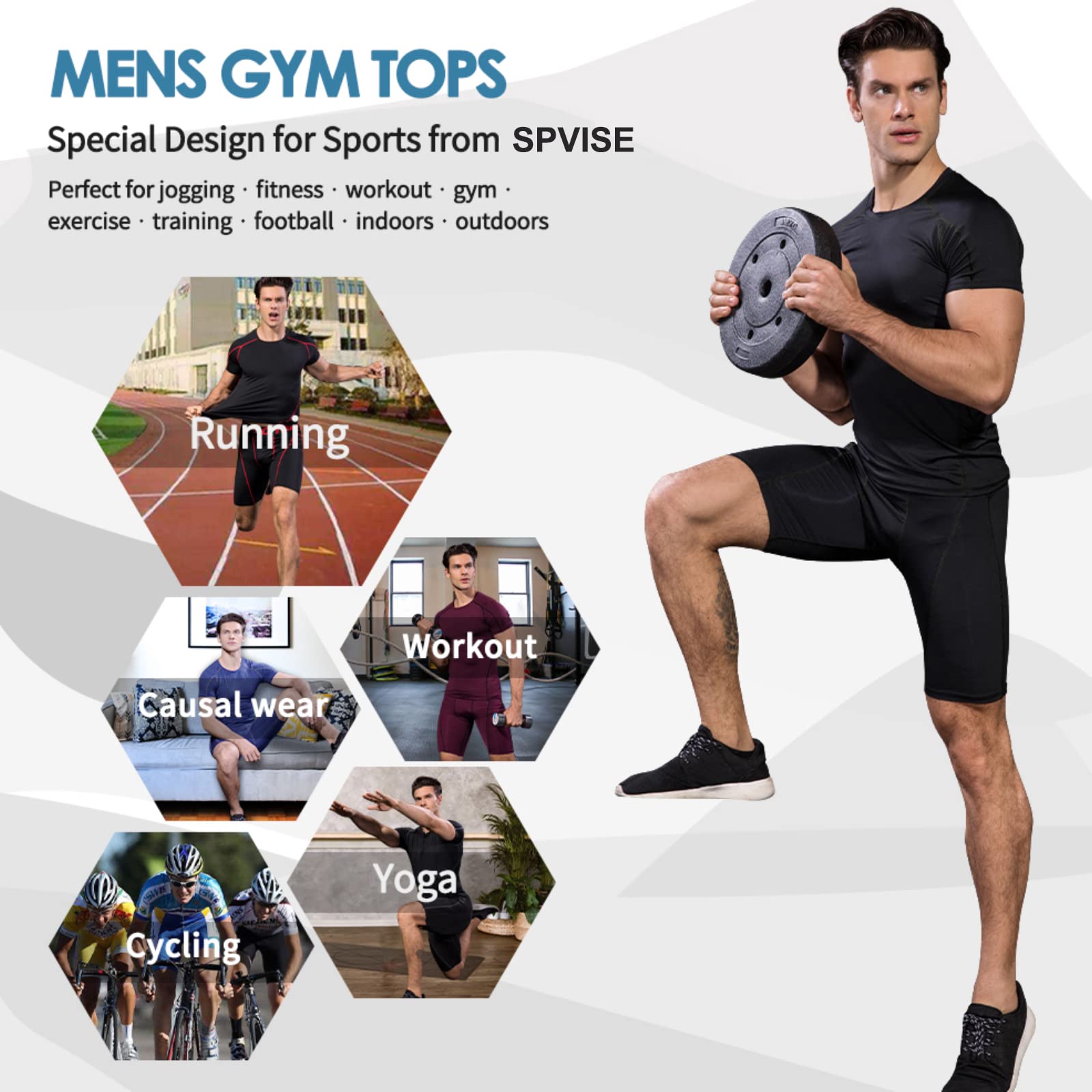 SPVISE Black Compression Shirt Men Short Sleeve Cool Dry Athletic Workout Shirts Sports Baselayer Undershirts Gym Shirt Tops