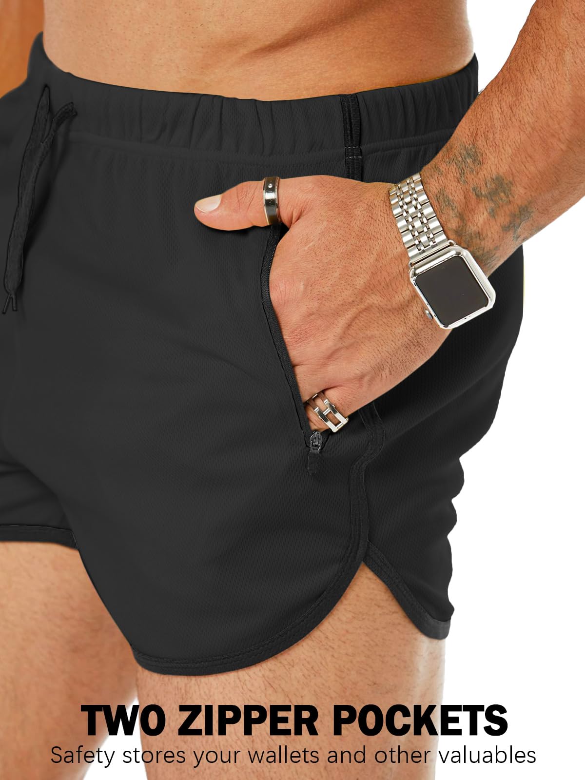Sazeky Mens Running Shorts 3 Inch Quick Dry Lighweight Gym Workout Shorts with Zipper Pockets Athletic Jogging Shorts for Men Black