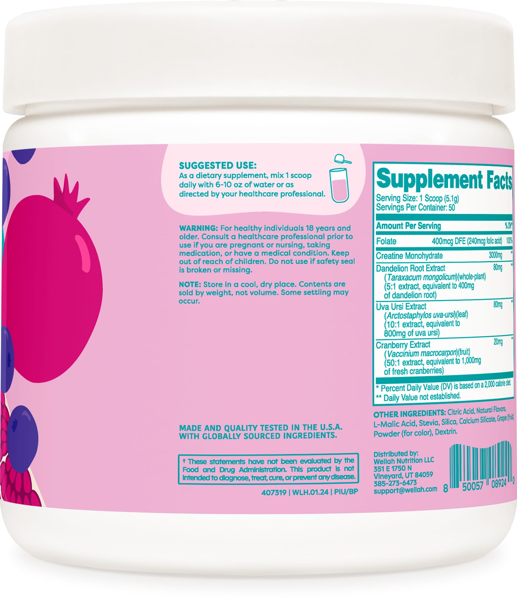 Wellah Pump-It-Up Creatine (50 Servings, Blueberry Pomegranate) - Creatine Monohydrate with Dandelion, Uva Ursi, & Cranberry Extract