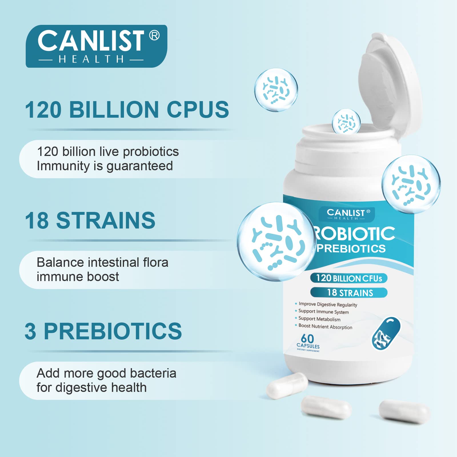 CANLIST Probiotics 120 Billion CFUs 18 Strains, 3 Prebiotics & Digestive Enzymes for Men Women ,Digestive & Immune Support ,Shelf Stable Non-GMO 60 Vegetarian Capsules, Blue-1