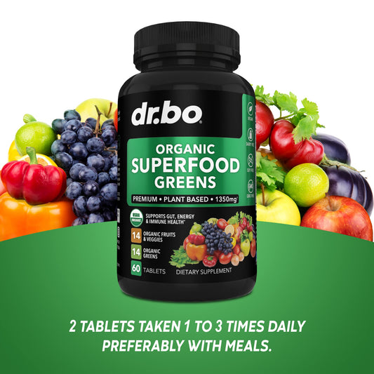 Organic Superfood Greens & Fruit Supplements - Energy Super Food Fruits and Veggies Supplement Tablets - Daily Green Veggie Powder Blend Plus Vegetable Foods Alfalfa, Spinach, Cabbage & Spirulina Tabs