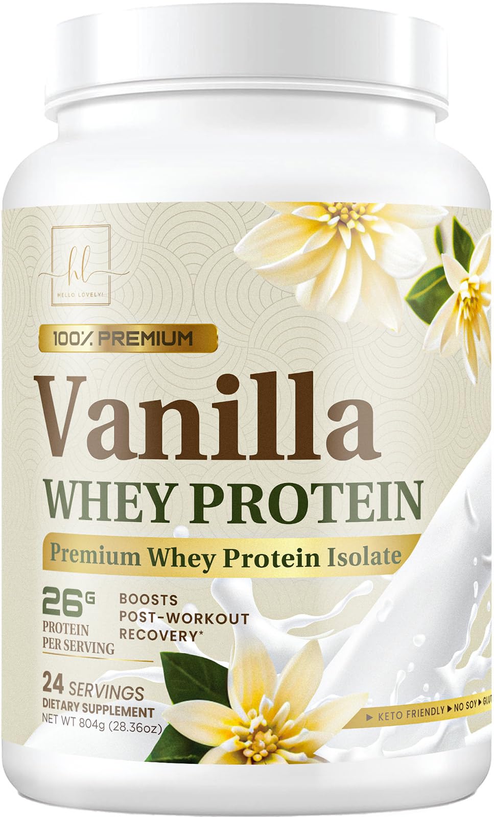 Whey Protein Powder, Creamy Vanilla Whey Isolate with 26g Protein & BCAAs - Support Muscle Growth, Recovery & Fitness - Gluten Free, Fast Absorbing, Easy Digesting for Women & Men - 24 Servings
