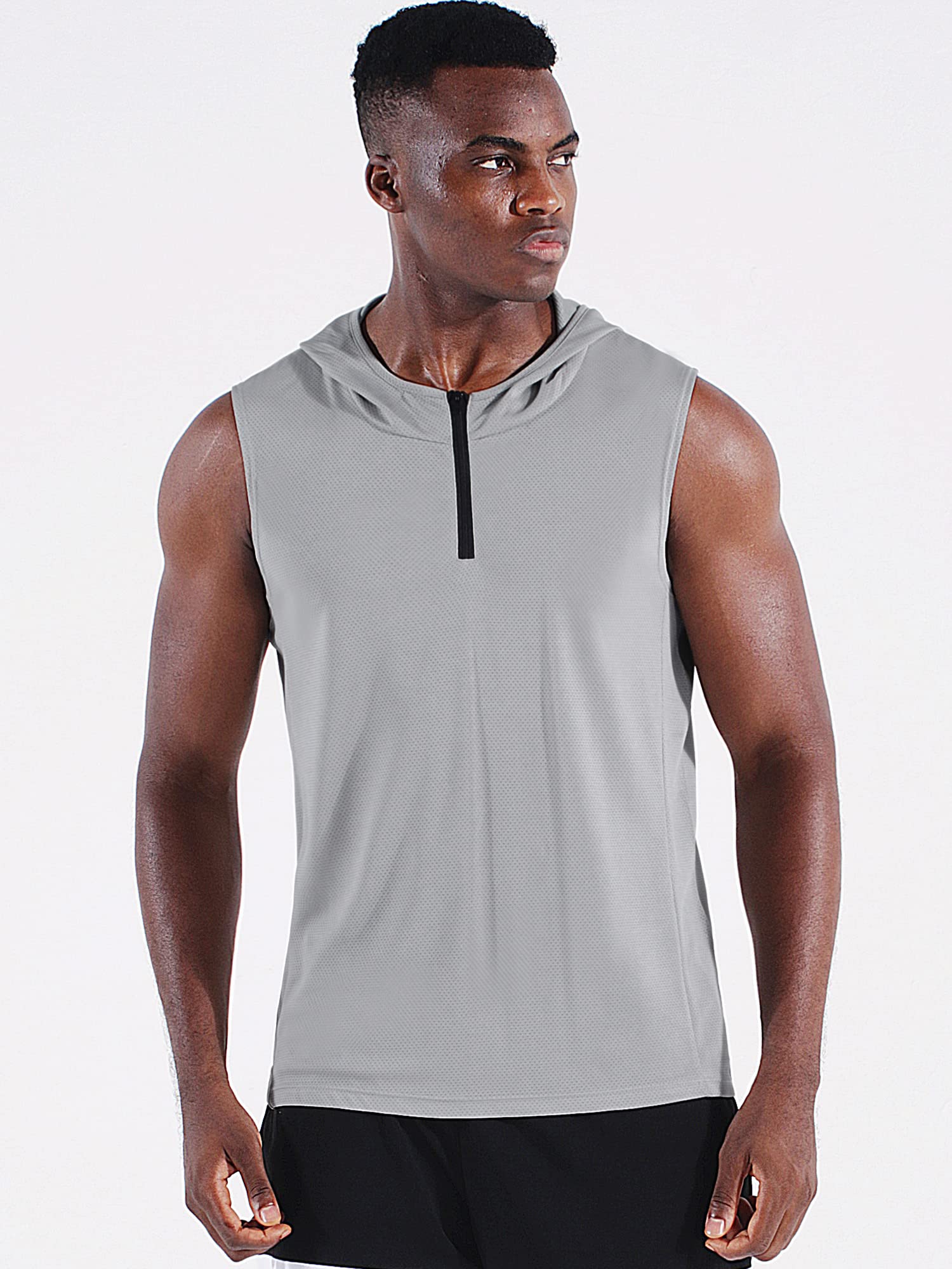 NELEUS Men's Running Tank Tops Sleeveless Athletic Workout Shirts with Hoods and Zipper,3 Pack,5099,Black/Grey/Navy Blue,L