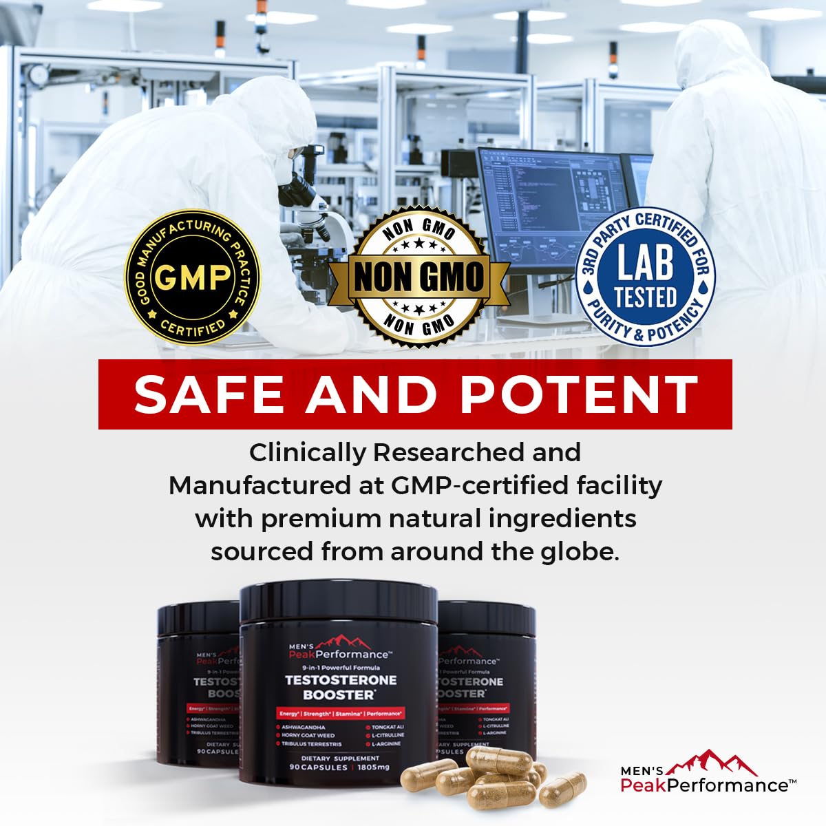 MEN'S PeakPerformance - Testosterone Booster Supplement for Men - Boost Stamina, Muscle Growth, Energy, Strength, Endurance & Drive - Ashwagandha, Tribulus, L-Arginine, Tongkat Ali- 90 Capsules