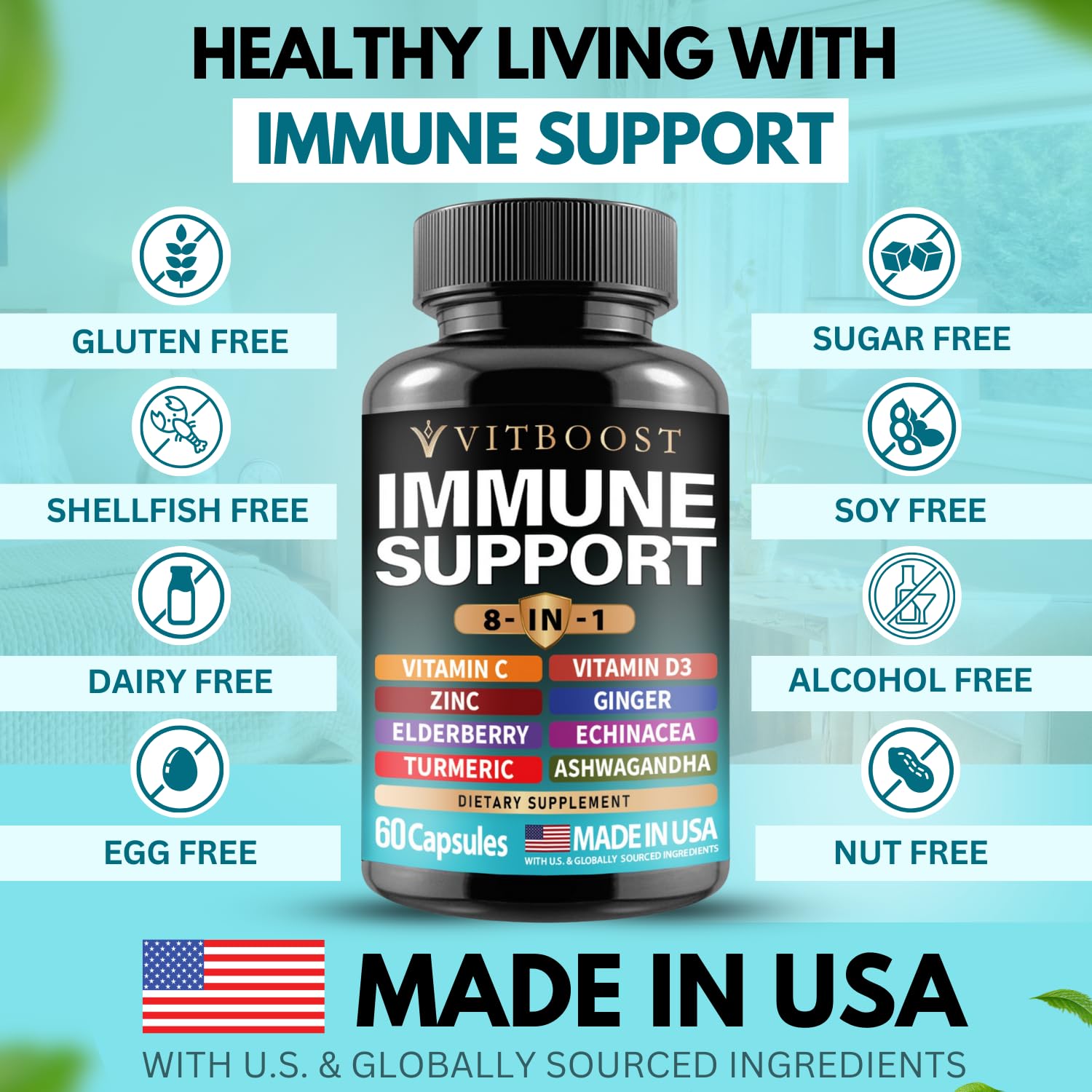 Elderberry Immune Support Supplement 8-in-1 Formula with Echinacea, Vitamin C & Zinc, Vitamin D 5000 IU, Turmeric, Ginger, Ashwagandha – 60 Capsules