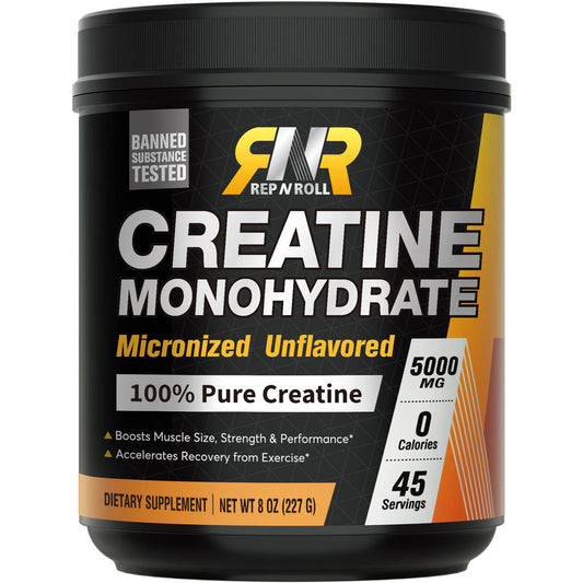 Rep N Roll Micronized Creatine Powder, 45 Serv., Creatine Monohydrate 5000 MG, 0 Calorie, 0 Sugar, 100% Purity, Banned Substance Tested, Keto, No Bloating, 8oz