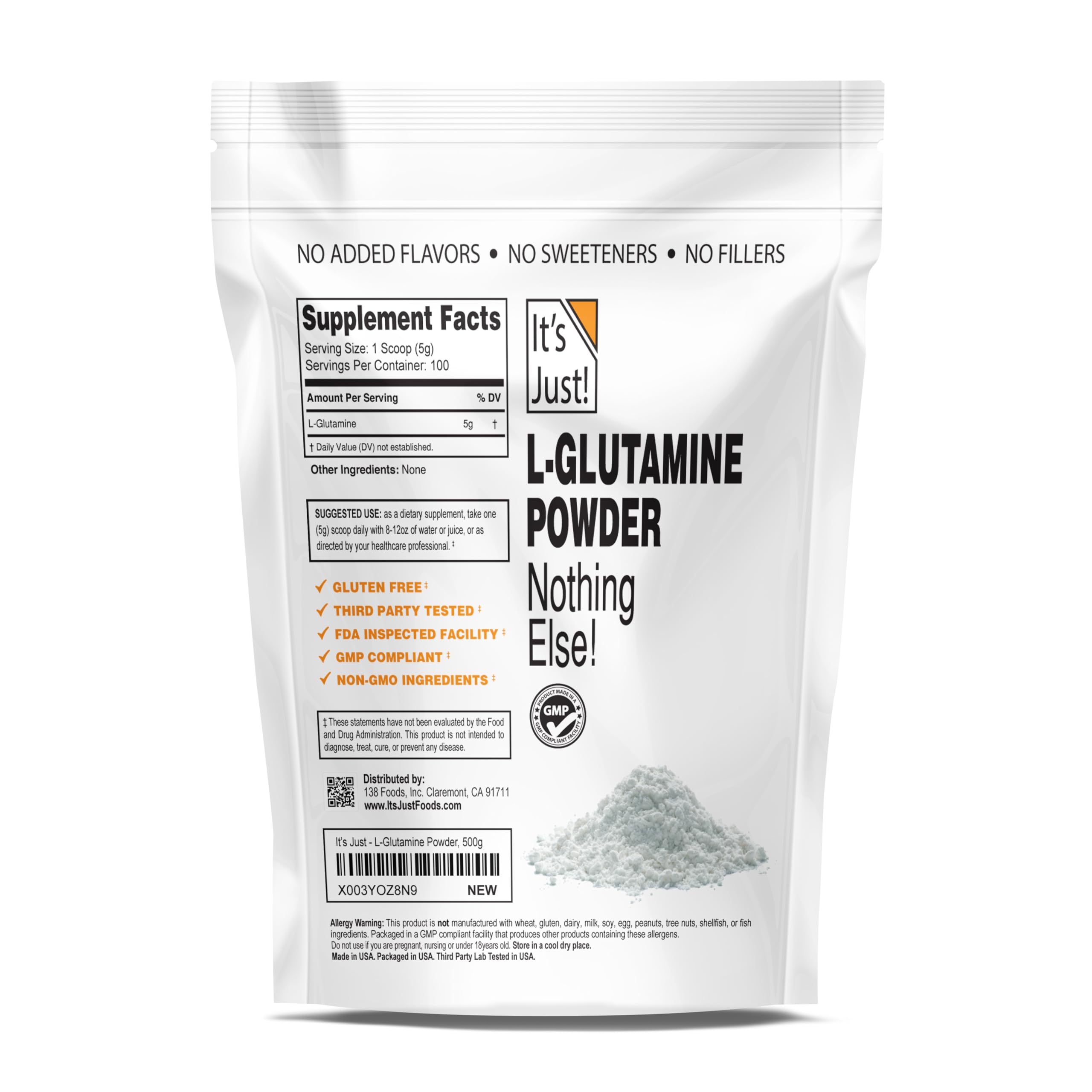 It's Just! - L-Glutamine Powder, Unflavored, Amino Acid, Faster Muscle Recovery, Leaky Gut, Digestive Support (500 Grams / 100 Servings)
