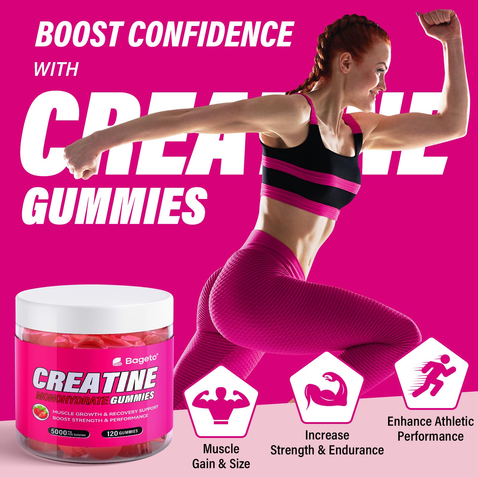 Creatine Monohydrate Gummies 5000mg for Men & Women, Gomitas de Creatina 5g Creatine Monohydrate, 0g Sugar Chewables Creatine Pre-Work Out for Muscle Strength, Vegan,120 Count (120 Count, Strawberry)
