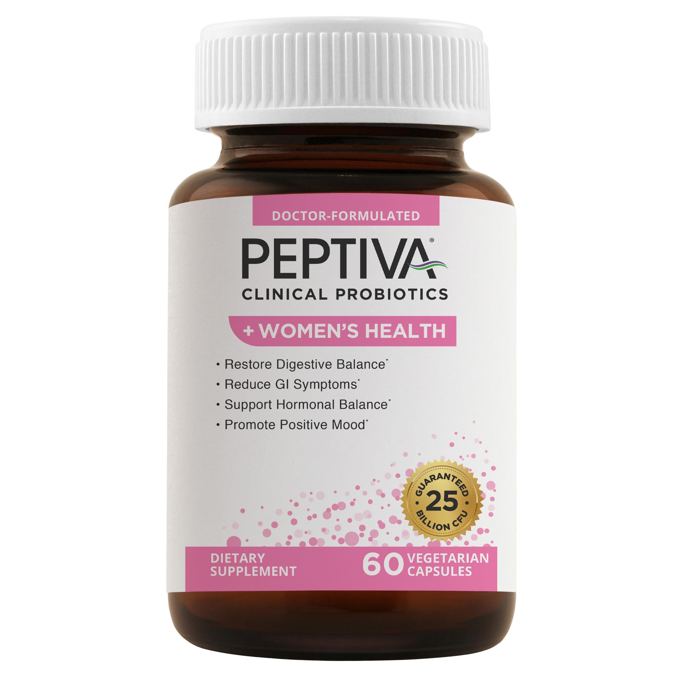 Peptiva Probiotics for Women's Health - Women's Probiotic and Digestive Support, 25 Billion CFU, Multi-Strain Probiotic, Lactobacillus Acidophilus, Bifidobacterium - 60 Vegetarian Capsules