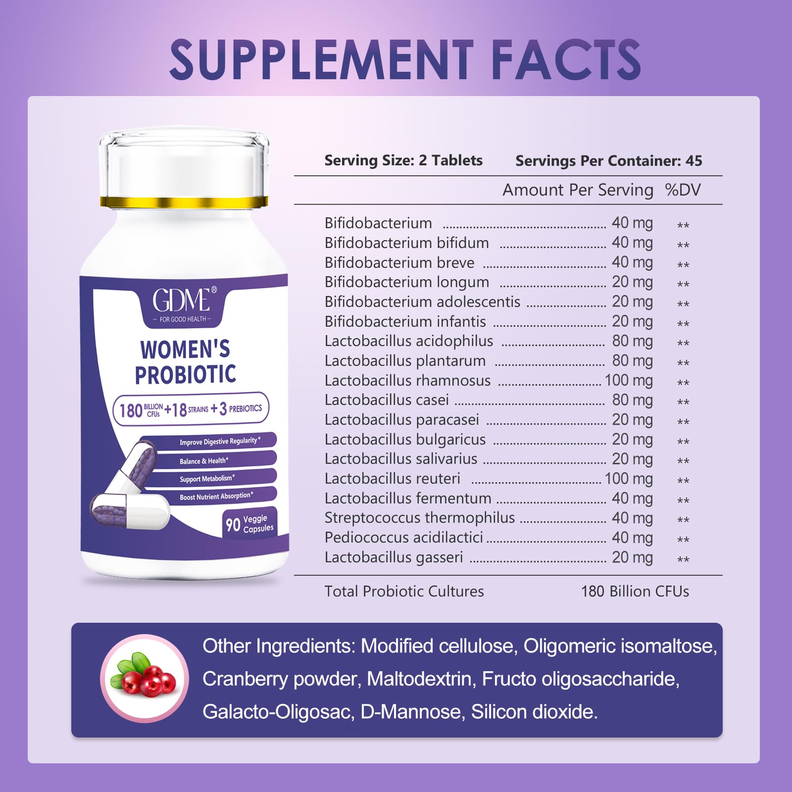GDME Probiotics 180 Billion CFU 18 Strains Contains Organic Prebiotic Cranberry Probiotic Supplement Digestion Immunity for Women's Health,Non Soy Gluten Dairy Free 90 Vegetarian Capsules