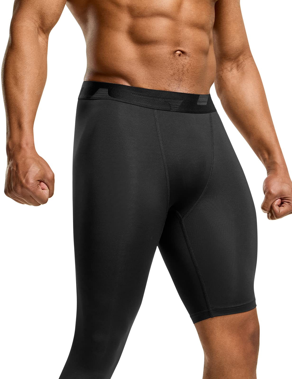 TSLA Men's Cool Dry Compression Pants, Athletic Workout Running Tights Leggings Baselayer, 3/4 Right Black/Black, Small