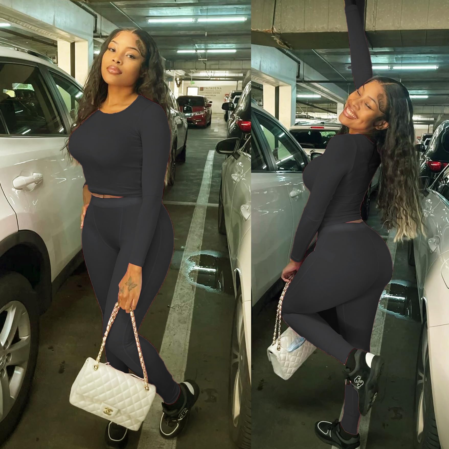 YETOWA Lounge Wear Ribbed Casual 2 Piece Tracksuit Set Women Solid Skinny Long Sleeve O-Neck Top+Elastic Leggings