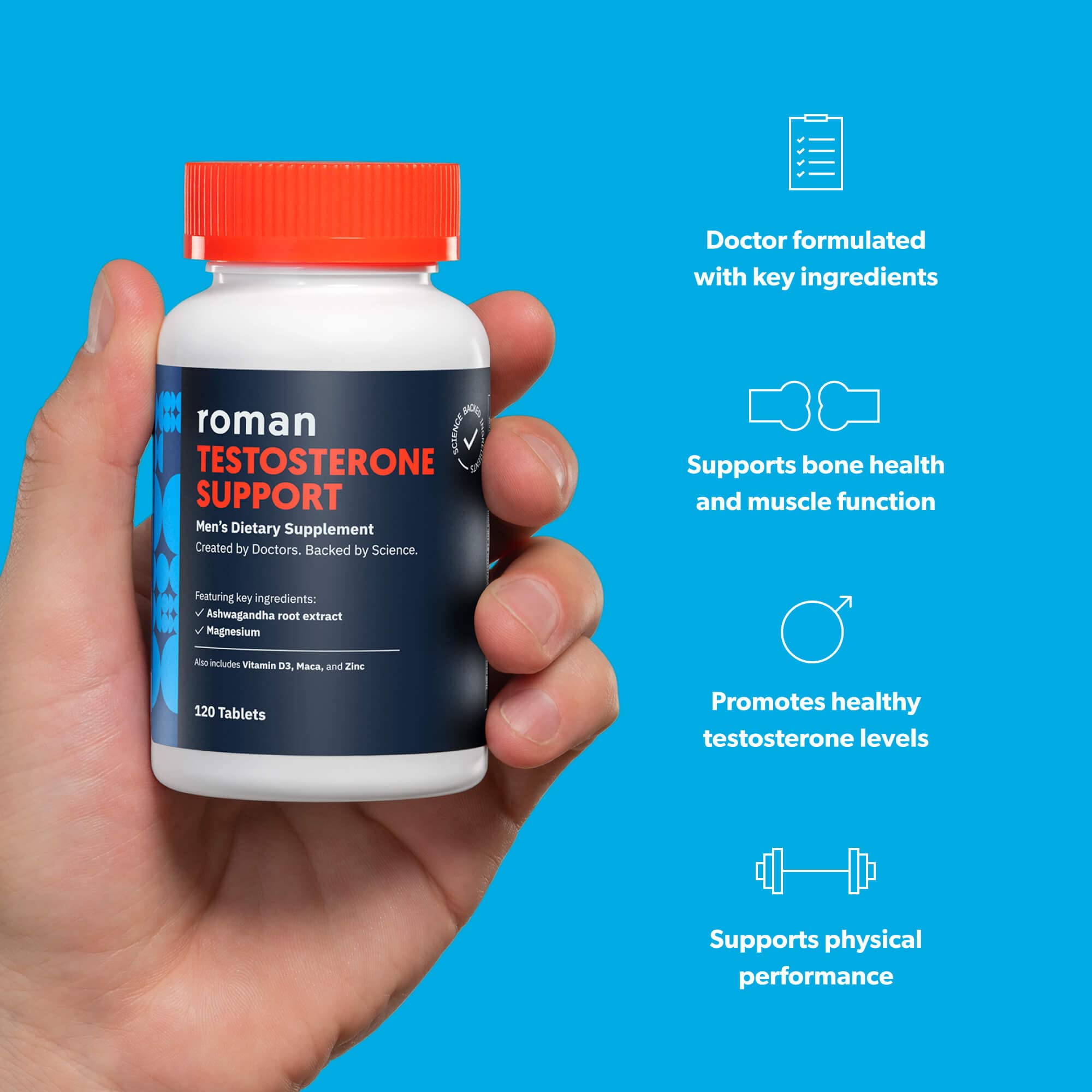 ROMAN Testosterone Support | Daily Nutritional Supplement with Ashwagandha & Magnesium | (120 Tablets)