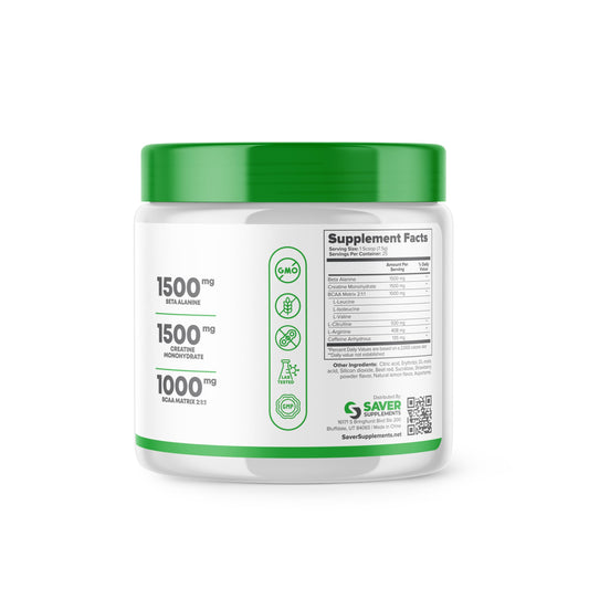 Saver Supplements Pre Workout Powder with Beta Alanine, Creatine Monohydrate, BCAA, L Citrulline, L Arginine and Caffeine - Strawberry Lemonade Flavor - 25 Servings