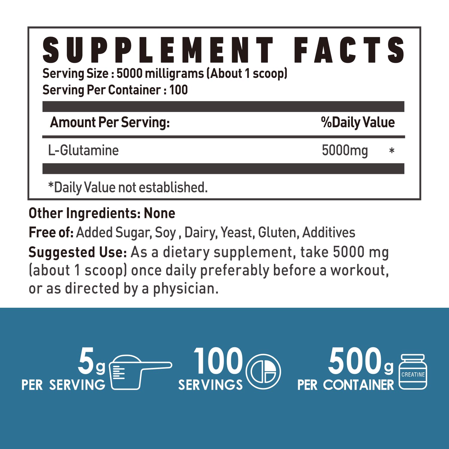 Pure L-Glutamine Powder - Support Gut Health and Digestive Support, Promotes Healthy Immune System & Post-Workout Recovery, Gluten Free (500 Grams - 1.1 Lbs)