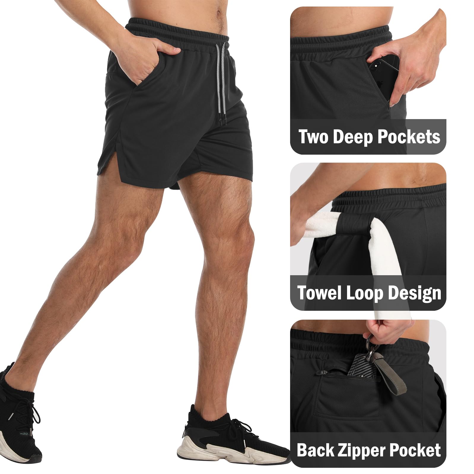 Aolesy Men's Gym Workout Shorts 5 Inch Lightweight Bodybuilding Athletic Shorts Running Training with Zipper Pockets & Towel Loop Black