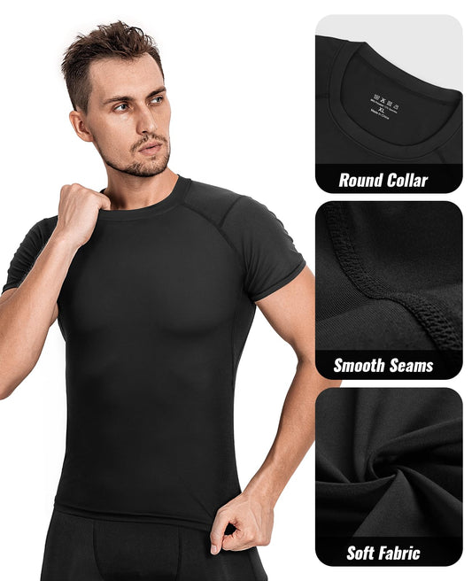 Niksa Men's Compression Shirts 2 Pack, Short Sleeve Athletic Compression Tops Cool Dry Workout T Shirt, Rash Guard Base Layer Undershirt