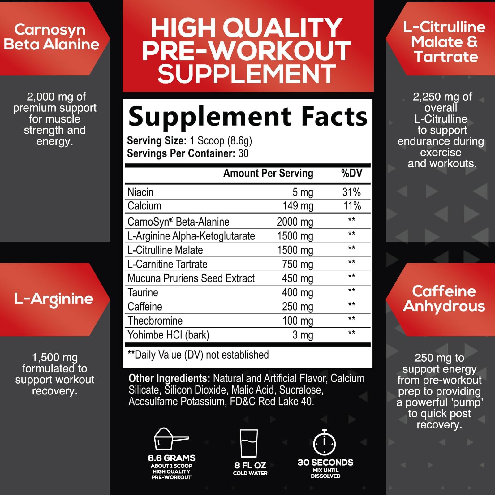 Pre Workout Powder with Beta Alanine, L-Citrulline & L-Arginine | PreWorkout Energy Powder Drink Mix with Caffeine | Pre-Workout for Men & Women | No Creatine, Keto Friendly, Watermelon - 30 Servings