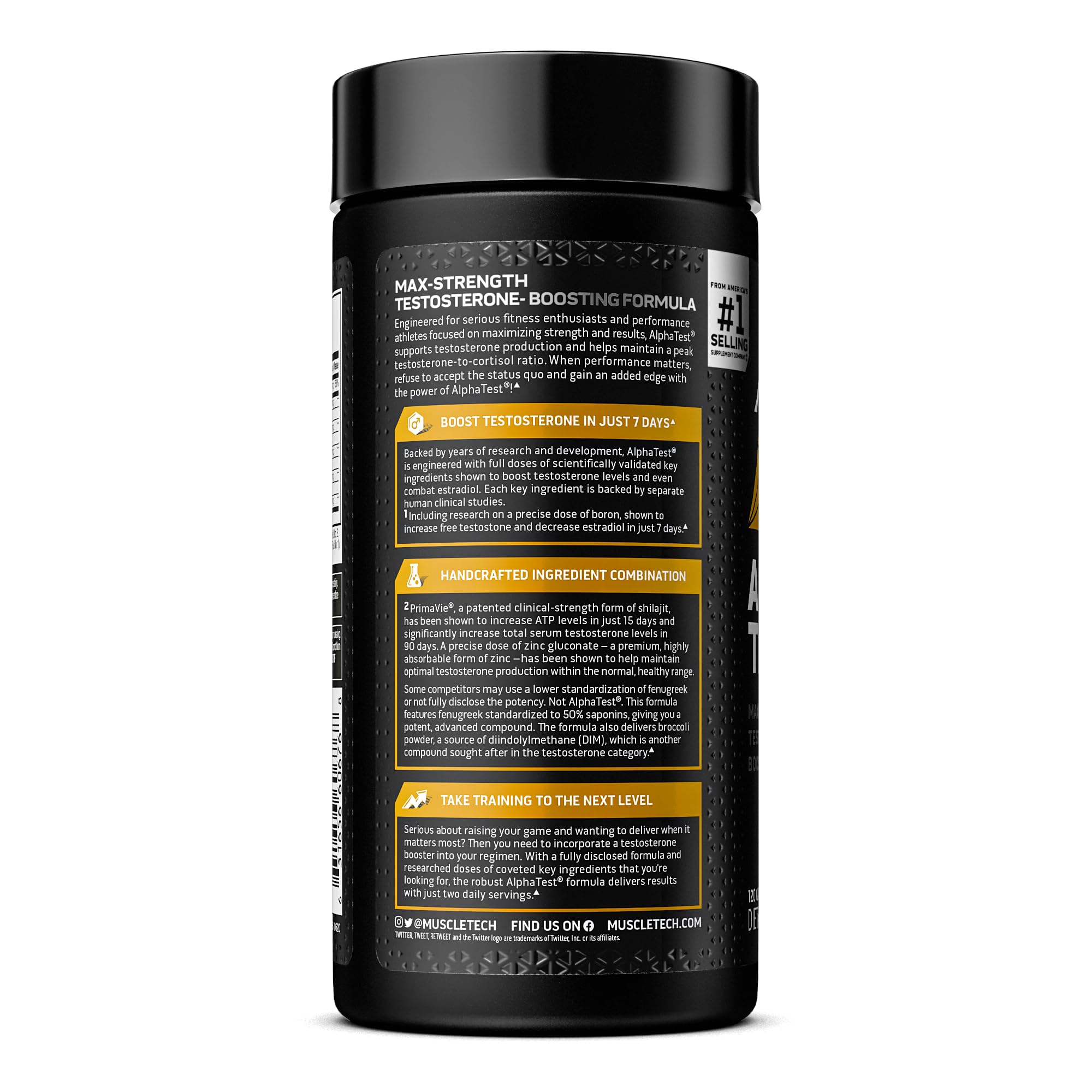 Potenciador de testosterona para hombres, MuscleTech AlphaTest, Tribulus Terrestris y suplemento de boro, ATP de máxima potencia y potenciador de pruebas, suplementos de entrenamiento diario para hombres, 120 pastillas (el paquete puede variar)