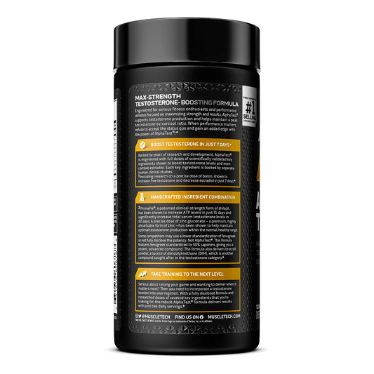 Potenciador de testosterona para hombres, MuscleTech AlphaTest, Tribulus Terrestris y suplemento de boro, ATP de máxima potencia y potenciador de pruebas, suplementos de entrenamiento diario para hombres, 120 pastillas (el paquete puede variar)