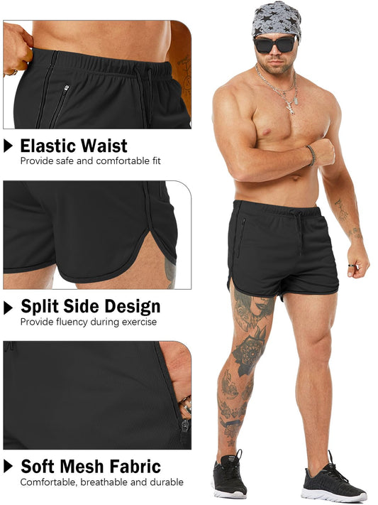 Sazeky Mens Running Shorts 3 Inch Quick Dry Lighweight Gym Workout Shorts with Zipper Pockets Athletic Jogging Shorts for Men Black