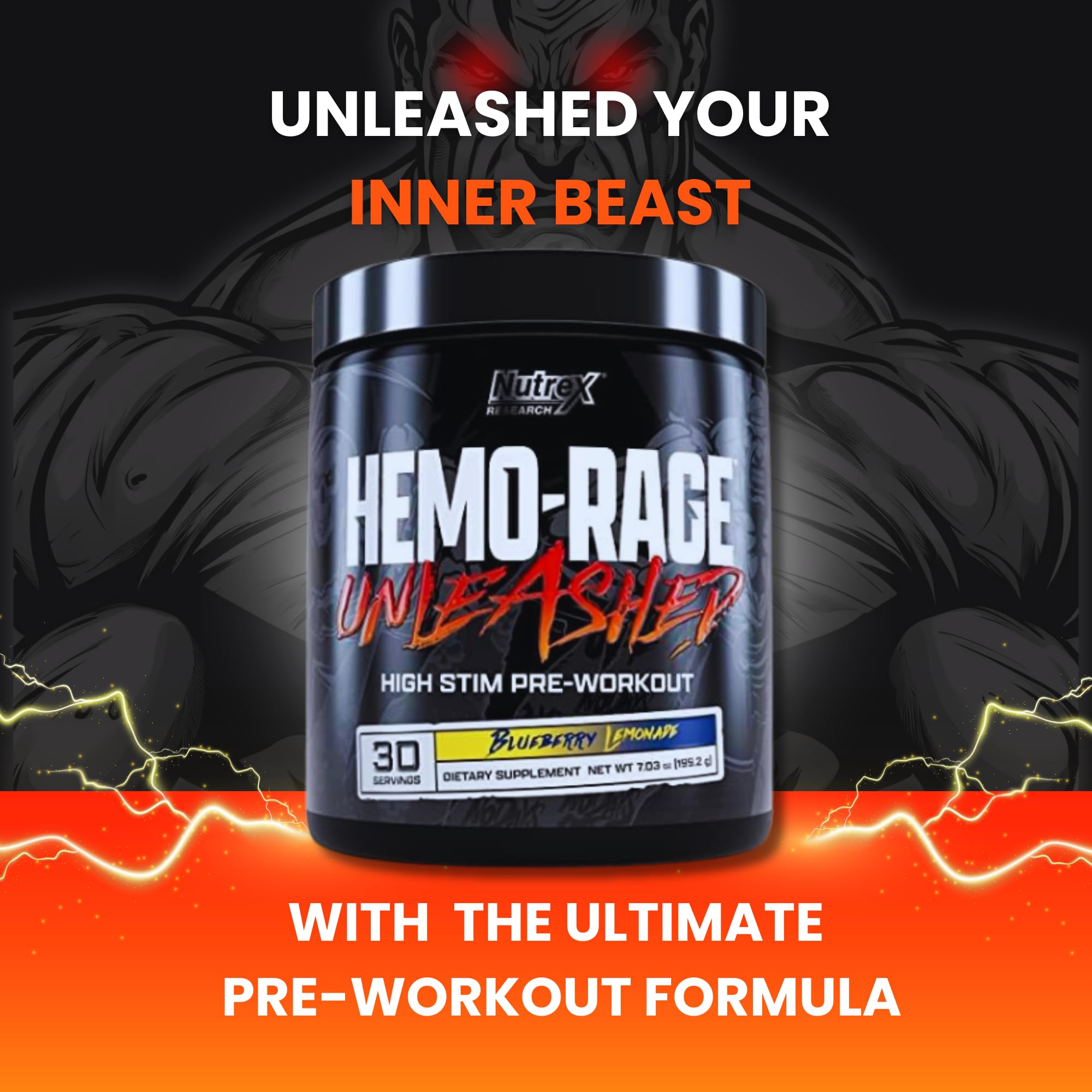 Nutrex Research Hemo-Rage Extreme High Stim Pre Workout Powder | Insane Lasting Energy, Focus, Endurance & Pump Booster Preworkout Supplement | Blueberry Lemonade 30 Servings