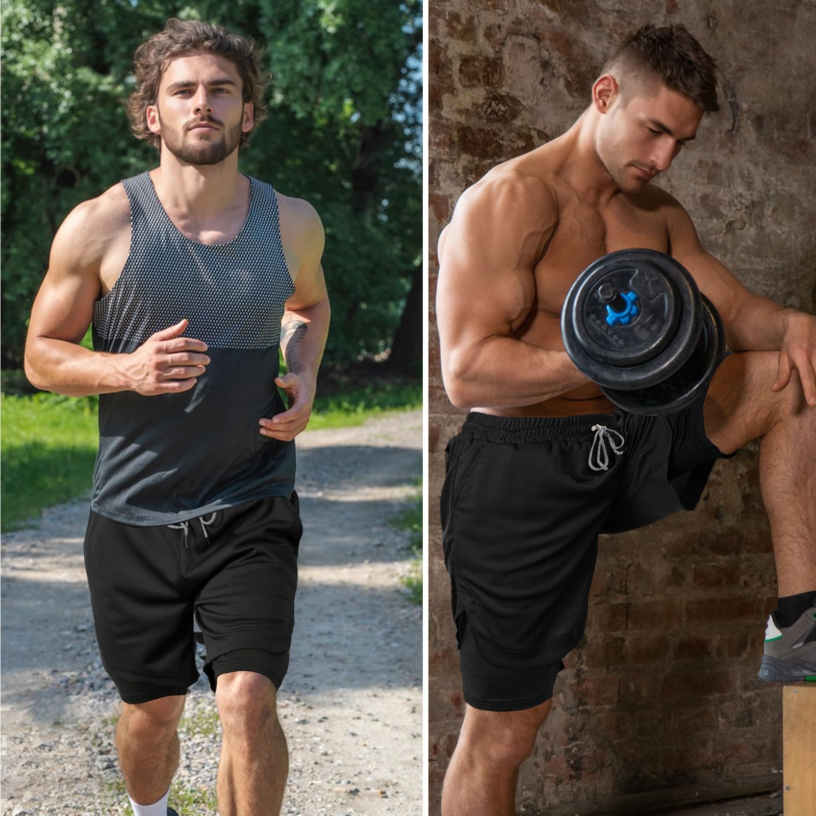 candyfouse Men's 2 in 1 Running Shorts, Quick Dry Workout Shorts with Liner, Athletic Shorts with Zip Pockets and Towel Loop Black