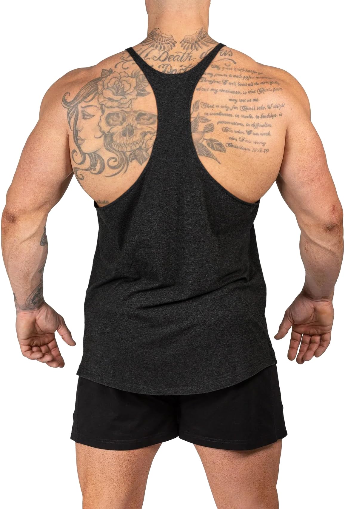 Muhshoiy Mens Stringer Bodybuilding Tank Tops Low Cut Off Y Back Gym Workout Training Stretch Polyester Quick Drying Muscle Shirt/Black/2XL