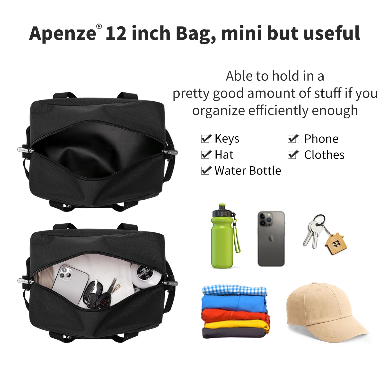 Apenze Small Gym Bag Carry On Bag - 12 in Mini Duffle Bag Lightweight for Overnight Travel（Black）