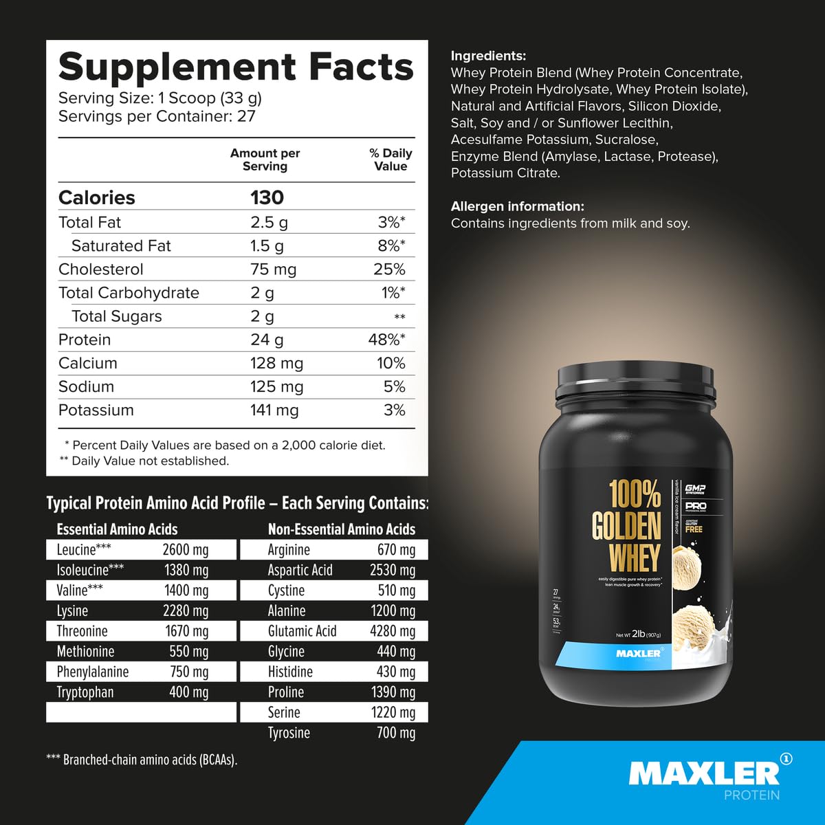 Maxler 100% Golden Whey Protein - 24g of Premium Whey Protein Powder per Serving - Pre, Post & Intra Workout - Fast-Absorbing Whey Hydrolysate, Isolate & Concentrate Blend - Vanilla Ice Cream 2 lbs