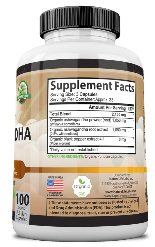 Organic Ashwagandha 2,100 mg - 100 Veggie Capsules Pure Organic Ashwagandha Powder and Root Extract - Stress Relief, Mood Enhancer