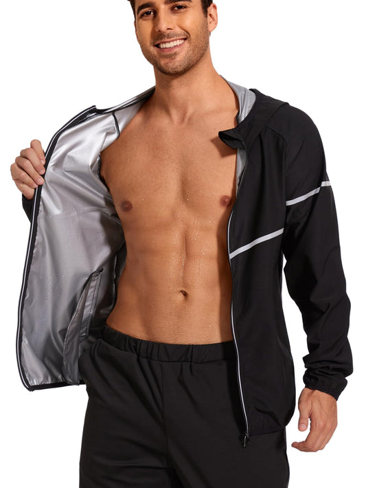 NINGMI Men Sauna Suit Sweat Jackets Long Sleeve Shirt Hood Zipper Workout Top Body Shaper Fitness Gym