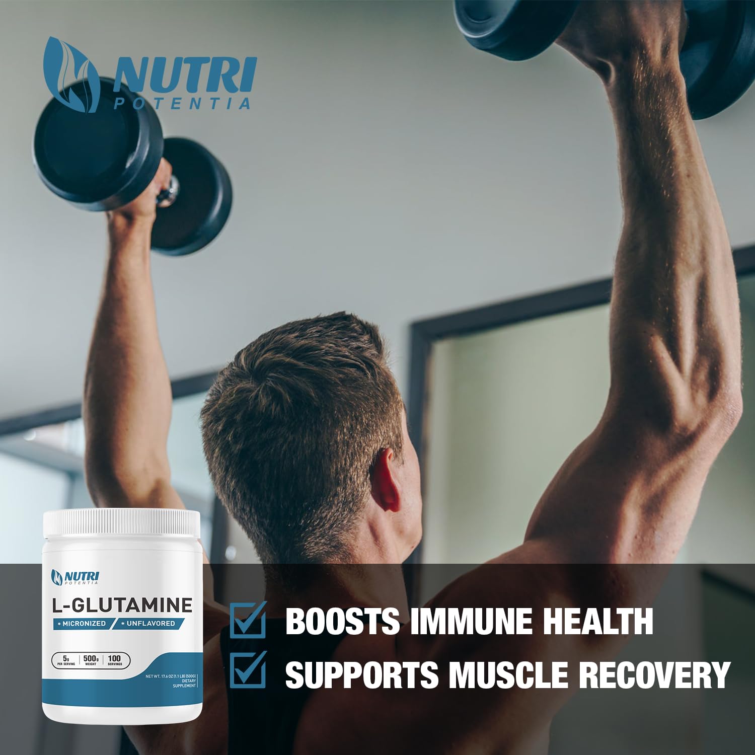Pure L-Glutamine Powder - Support Gut Health and Digestive Support, Promotes Healthy Immune System & Post-Workout Recovery, Gluten Free (500 Grams - 1.1 Lbs)