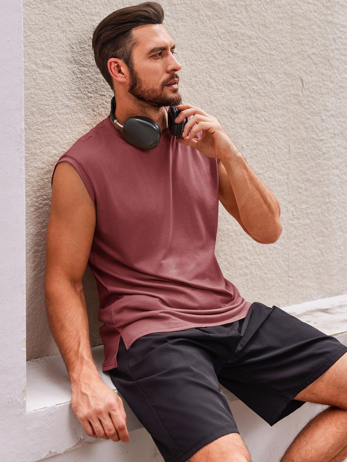 Runcati Men's Sleeveless Tank Tops Crewneck Casual Workout Gym Cut Off Muscle Fit T Shirt Wine Red