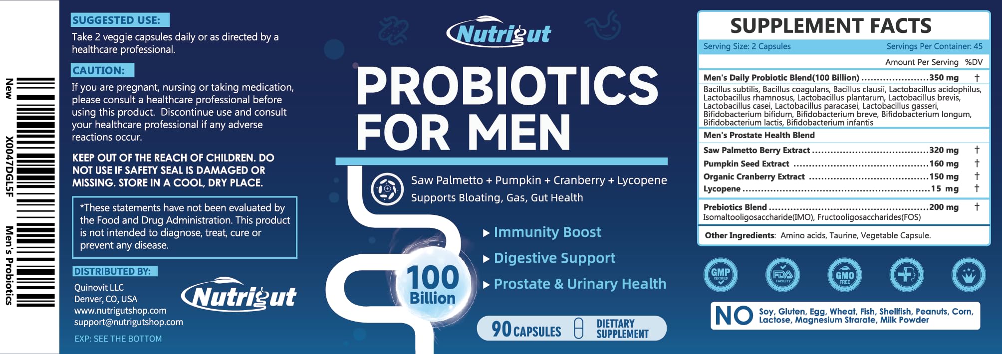 Probiotics for Men, 100 Billion CFUs with Prebiotics, Saw Palmetto Berry, Pumpkin Seed, Cranberry & Lycopene for Prostate Urinary Health, Mens Probiotic for Digestive & Immune Health 90 Capsules