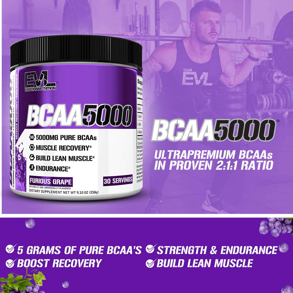 Evlution EVL BCAAs Amino Acids Powder - BCAA Powder Post Workout Recovery Drink and Stim Free Pre Workout Energy Drink Powder - 5g Branched Chain Amino Acids Supplement for Men - Furious Grape