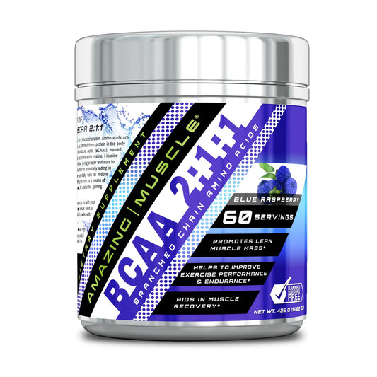 Amazing Muscle BCAA 2:1:1 Branched Chain Amino Acids Supplement | 6000 Mg Per Serving | 60 Servings Per Bottle | Blue Raspberry Flavor