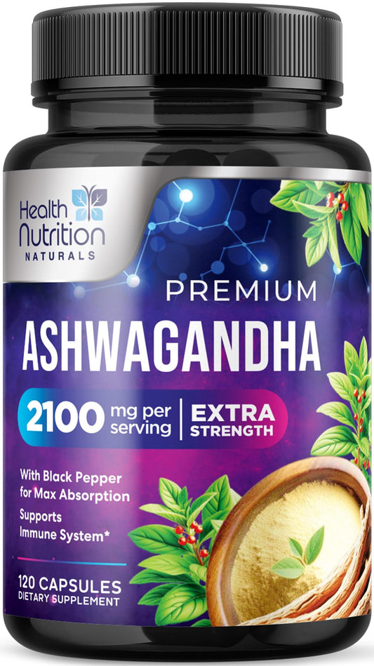 Ashwagandha 2,100 mg Extra Strength with Black Pepper, Pure Ashwagandha Powder plus Root Extract Adaptogen Formula for Energy and Immune Support, Non GMO, Vegan - 120 Capsules