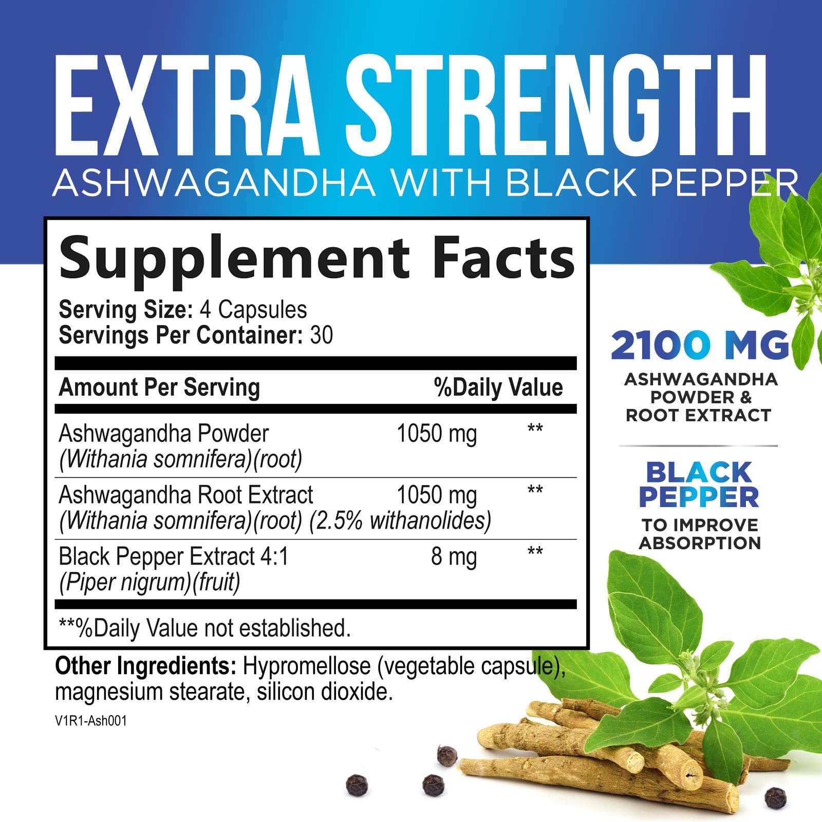 Ashwagandha 2,100 mg Extra Strength with Black Pepper, Pure Ashwagandha Powder plus Root Extract Adaptogen Formula for Energy and Immune Support, Non GMO, Vegan - 120 Capsules