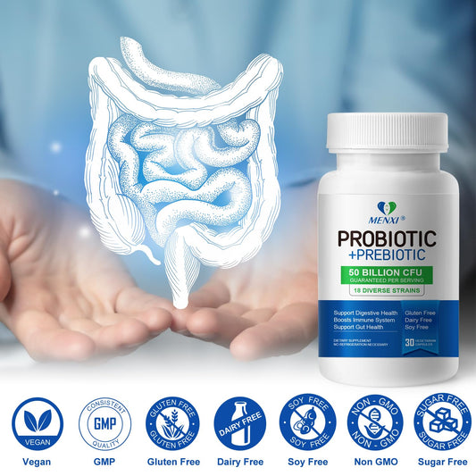 MENXI Probiotics 50 Billion CFU, 18 Strains + Prebiotics - Supports Digestive, Immune & Gut Health, Relief for Occasional Diarrhea, Gas & Bloating - Daily Probiotics Supplement for Women & Men - 30ct