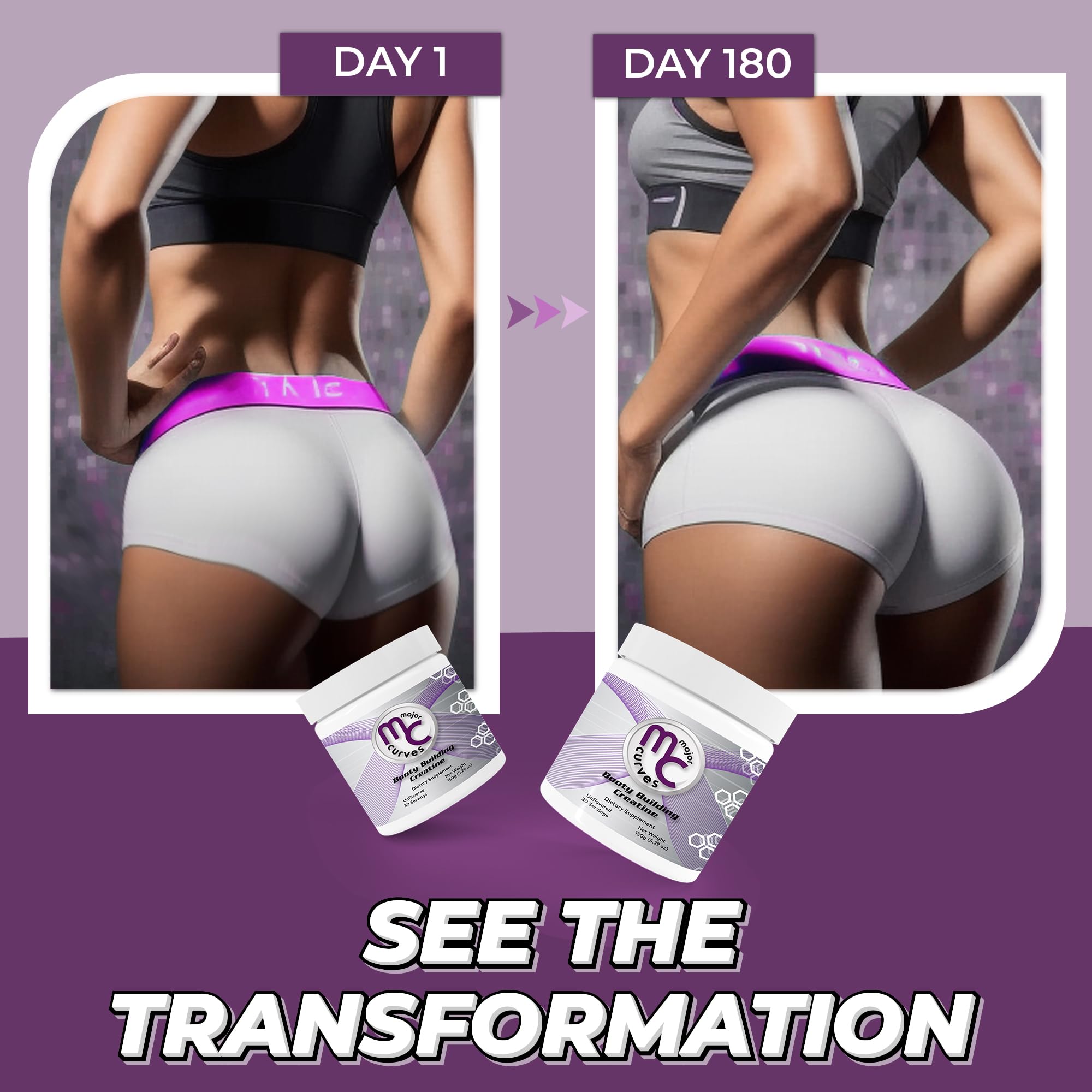 Major Curves Booty Building Creatine Powder for Women - Micronized Monohydrate The One Sol ution for Maximum Absorption and Gains - Unflavored Perfect Peach Booty and Bum Builder