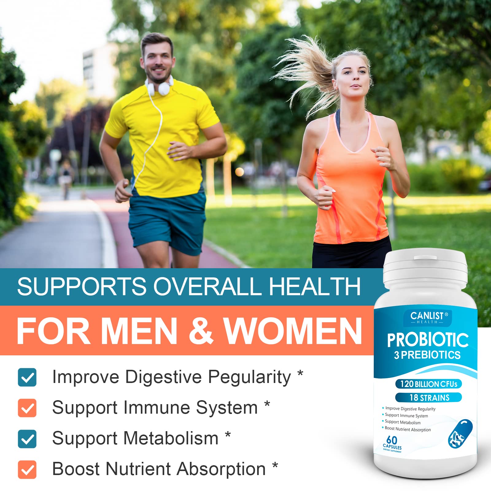 CANLIST Probiotics 120 Billion CFUs 18 Strains, 3 Prebiotics & Digestive Enzymes for Men Women ,Digestive & Immune Support ,Shelf Stable Non-GMO 60 Vegetarian Capsules, Blue-1