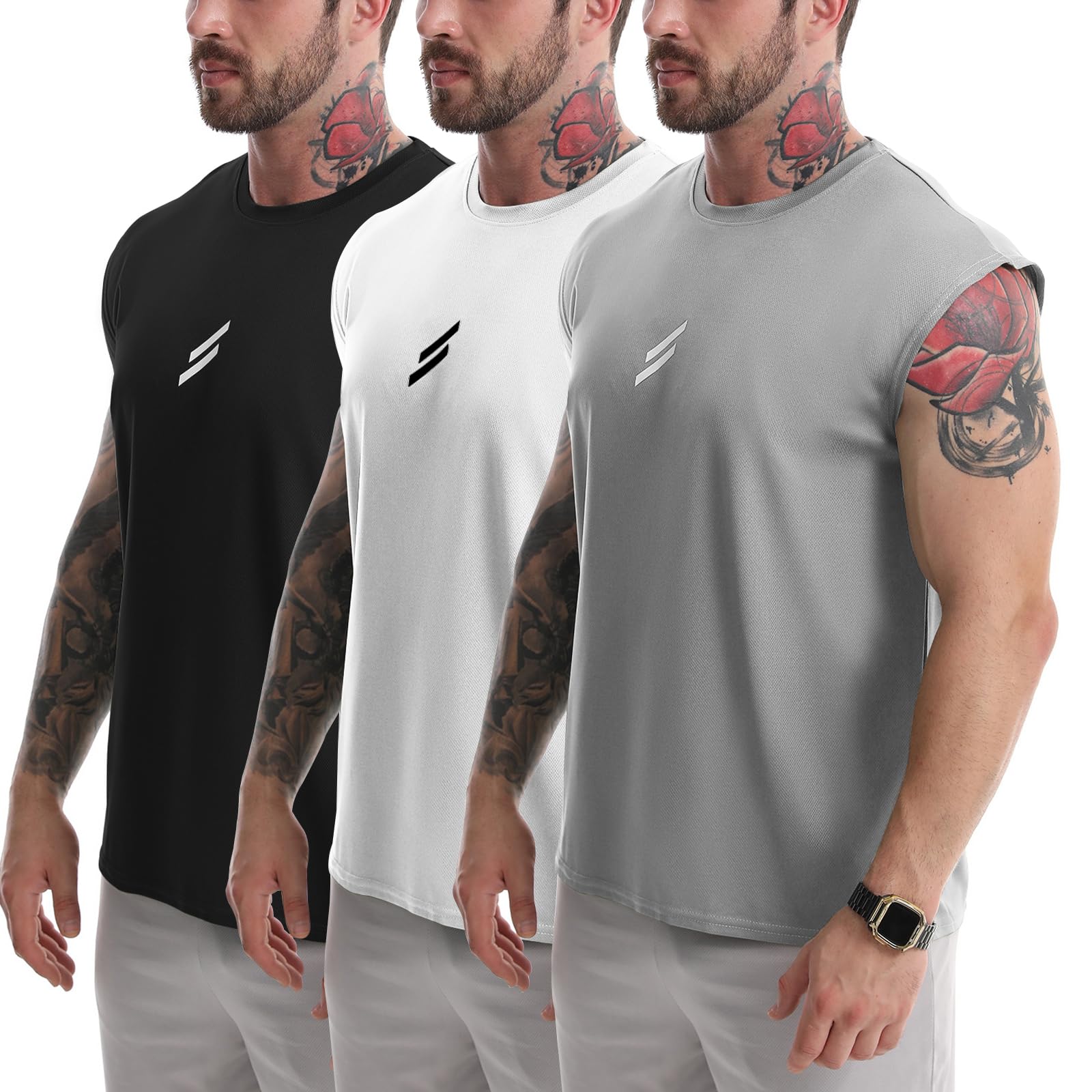 LSLXYWZX Men's Tank Tops 3 Pack Sleeveless Workout Mesh Material Quick Dry Athletic Running Gym Muscle Beach Fitness Shirts (US, Alpha, Large, Regular, Regular, Black+White+Gray)