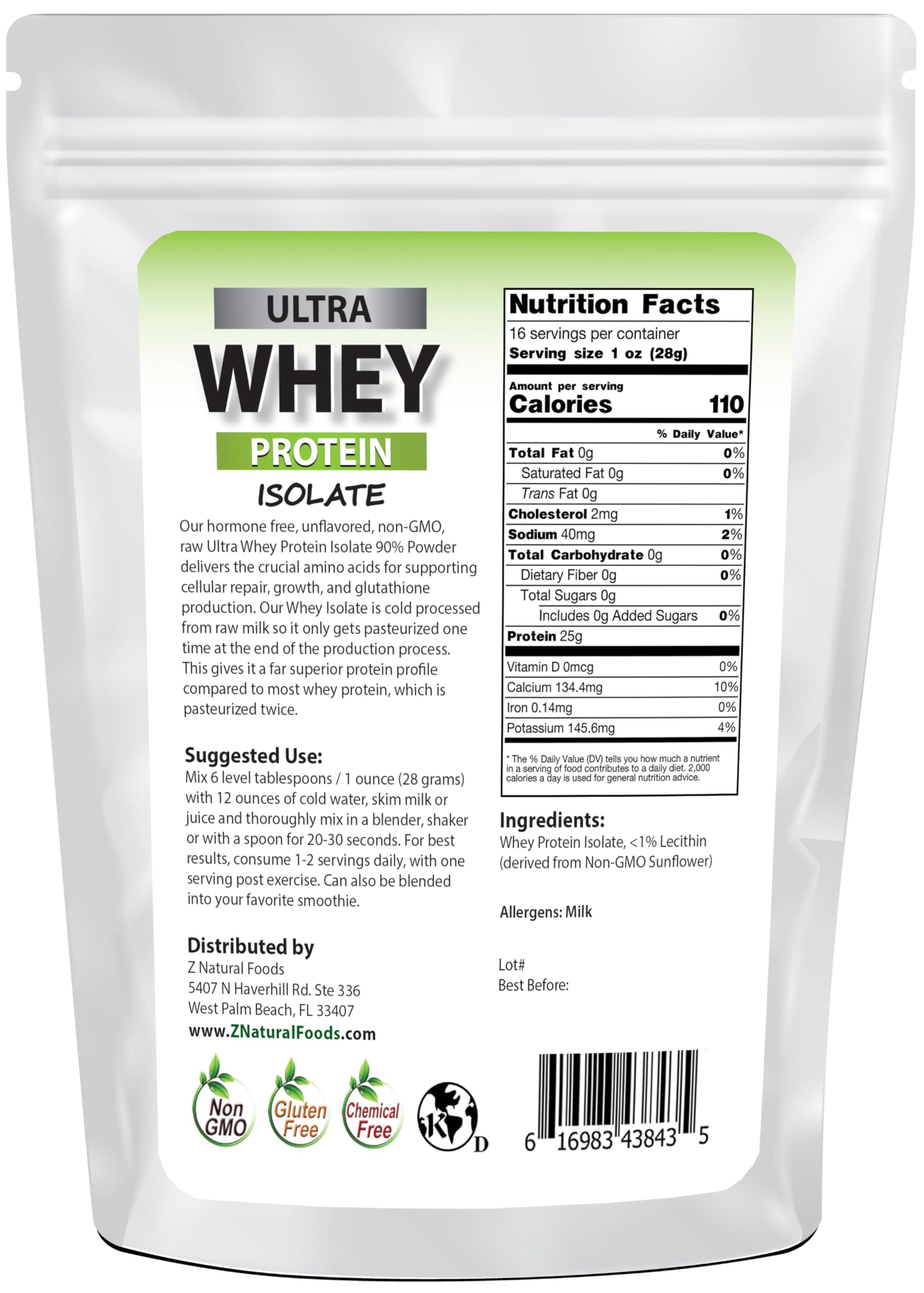 Z Natural Foods Ultra Whey Protein Isolate Powder - Pure, Unflavored, Unsweetened Whey Protein Powder - Flavorless Whey Isolate with Vital Proteins for Fitness, Sports Nutrition, Immune Support, 1 lb