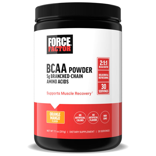 Force Factor BCAA Amino Acids Supplement 2:1:1, Delicious and Refreshing BCAA Powder to Support Muscle Recovery and Performance, No Artificial Colors or Flavors, Orange Mango, 30 Servings