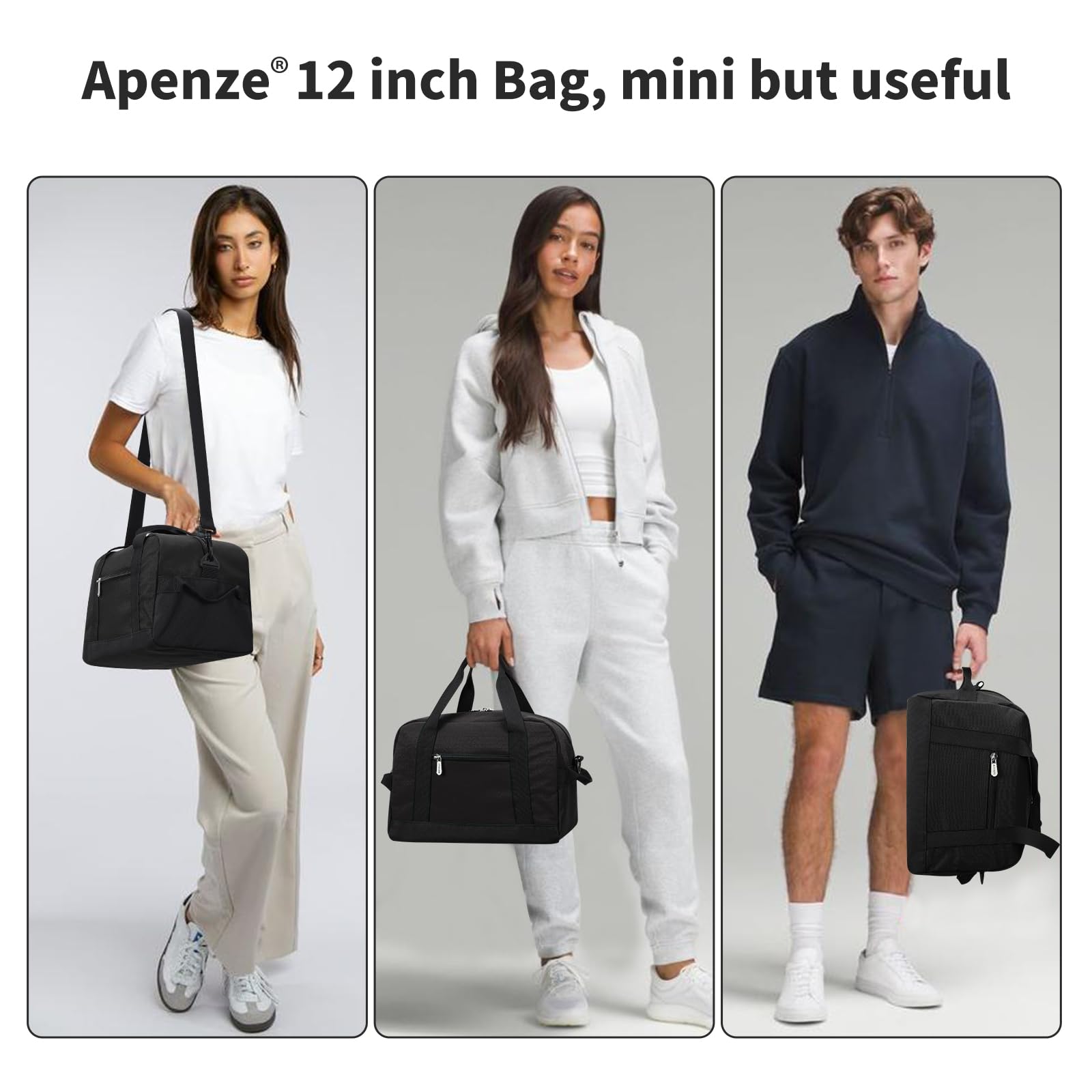Apenze Small Gym Bag Carry On Bag - 12 in Mini Duffle Bag Lightweight for Overnight Travel（Black）